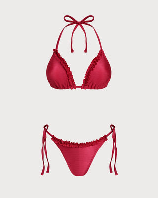 Red Halter Ruffled Triangle Bikini Set