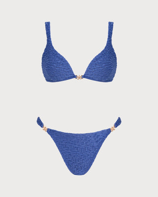 Blue V Neck Textured Triangle Bikini Set