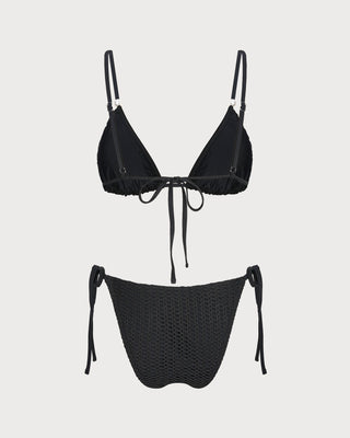 Black V Neck Textured Drawstring Bikini Set