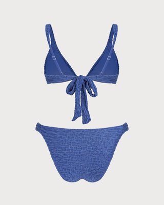 Blue V Neck Textured Triangle Bikini Set