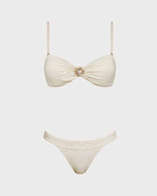 Off White Drawstring Bandeau Bikini Set