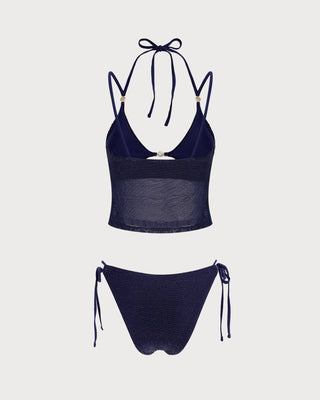 Blue Tie Strap Triangle Bikini Set