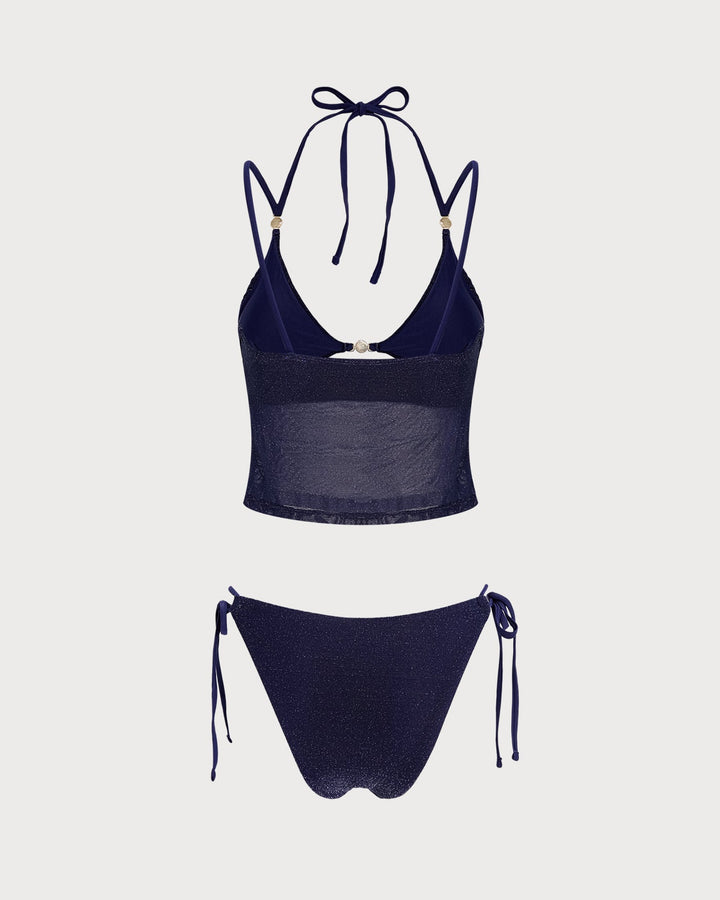 Blue Tie Strap Triangle Bikini Set