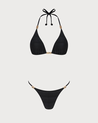 Black Halter Textured Triangle Bikini Set