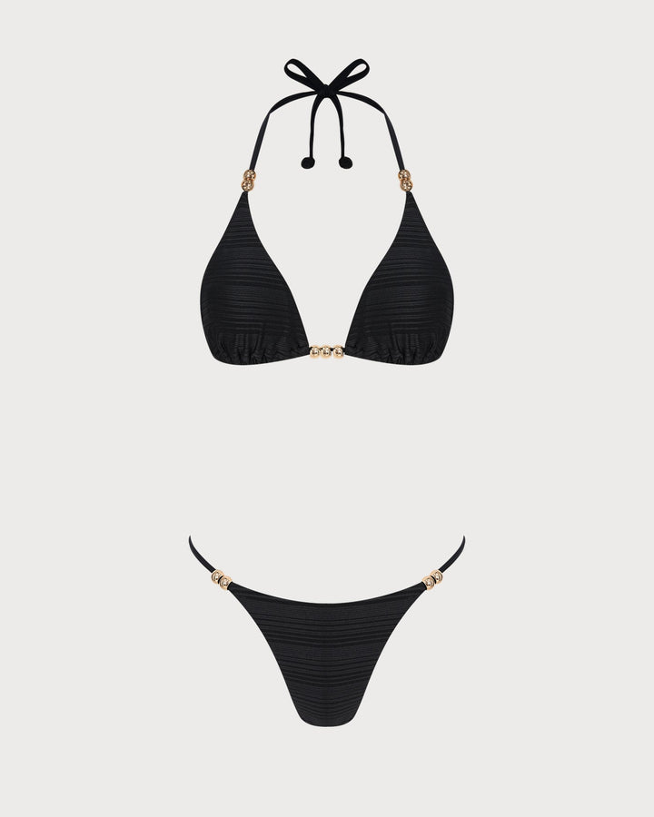 Black Halter Textured Triangle Bikini Set