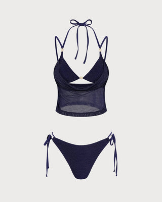 Blue Tie Strap Triangle Bikini Set