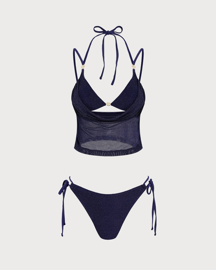 Blue Tie Strap Triangle Bikini Set