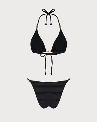 Black Halter Textured Triangle Bikini Set