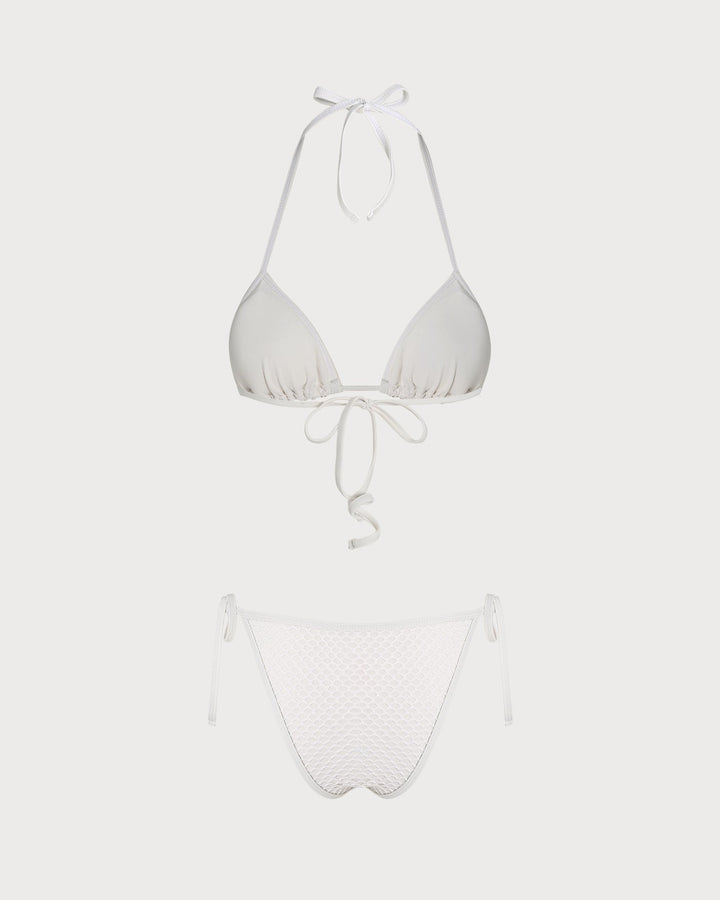 White Halter Tie Rhinestones Triangle Bikini Set