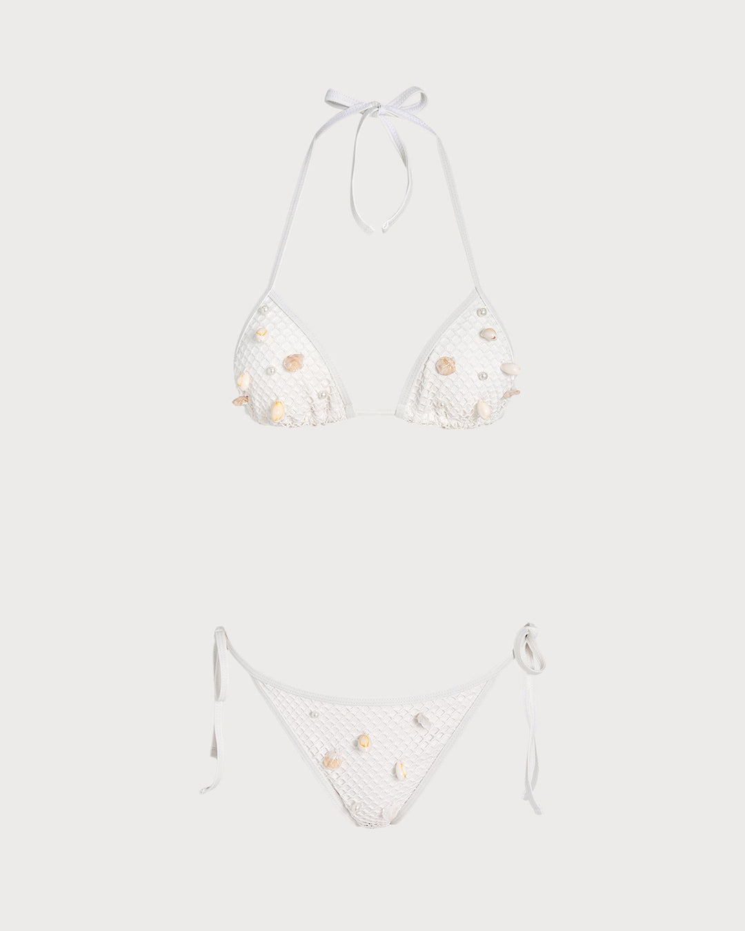 White Halter Tie Rhinestones Triangle Bikini Set