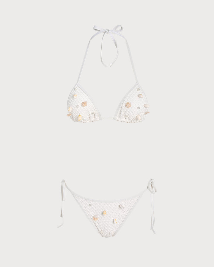 White Halter Tie Rhinestones Triangle Bikini Set