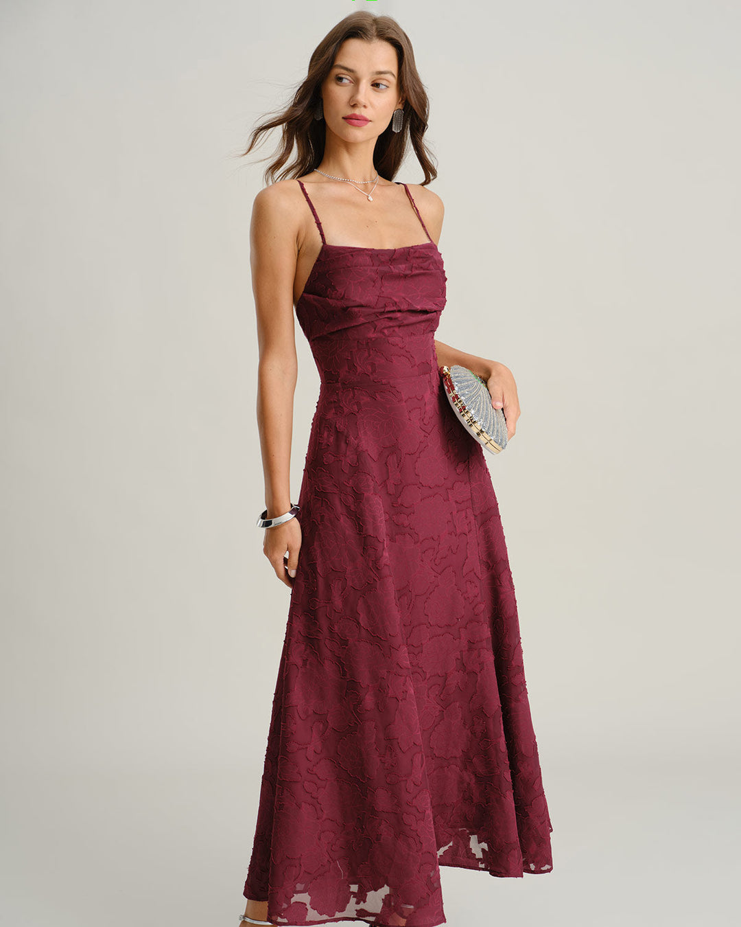 Flora - Vestido largo jacquard color vino