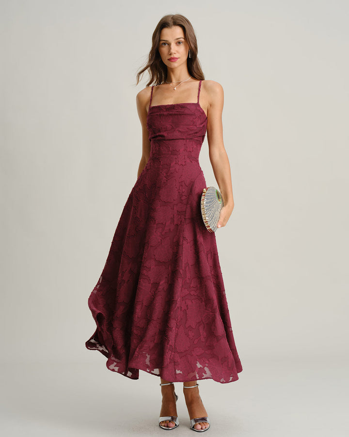 Flora - Vestido largo jacquard color vino